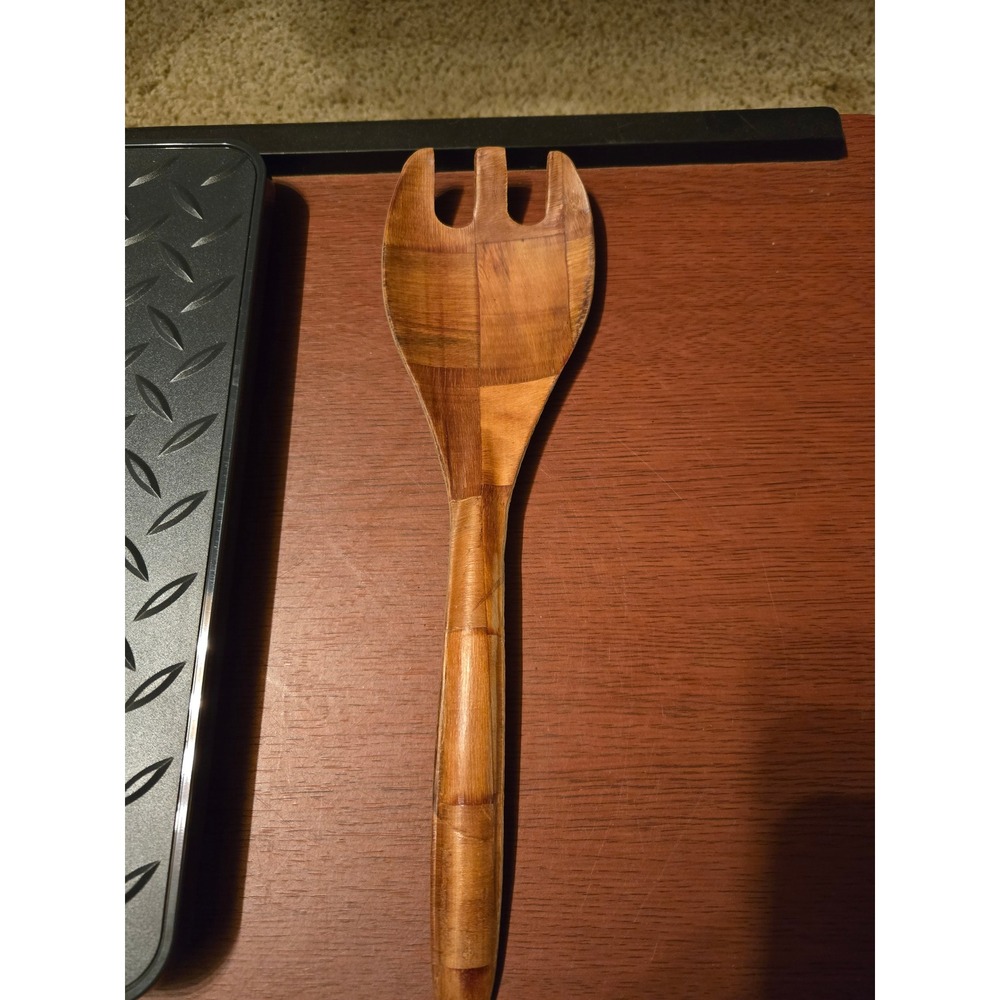 Vintage Woven Wood Salad Fork Serving‎ Utensil Parquet Pattern Brown Handcrafted